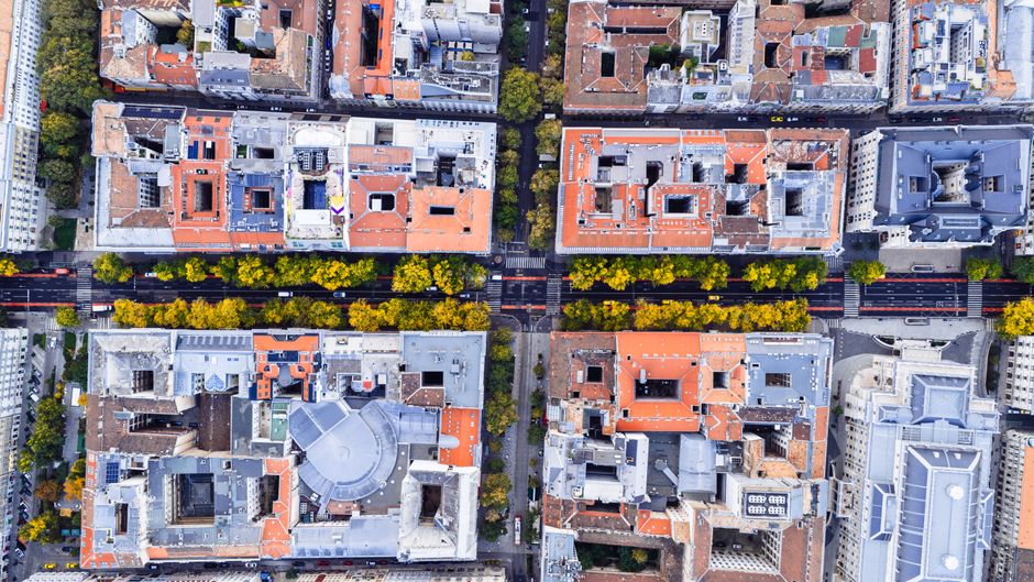 Stunning aerial view of Budapest's city blocks lined with autumn trees under crisp daylight.