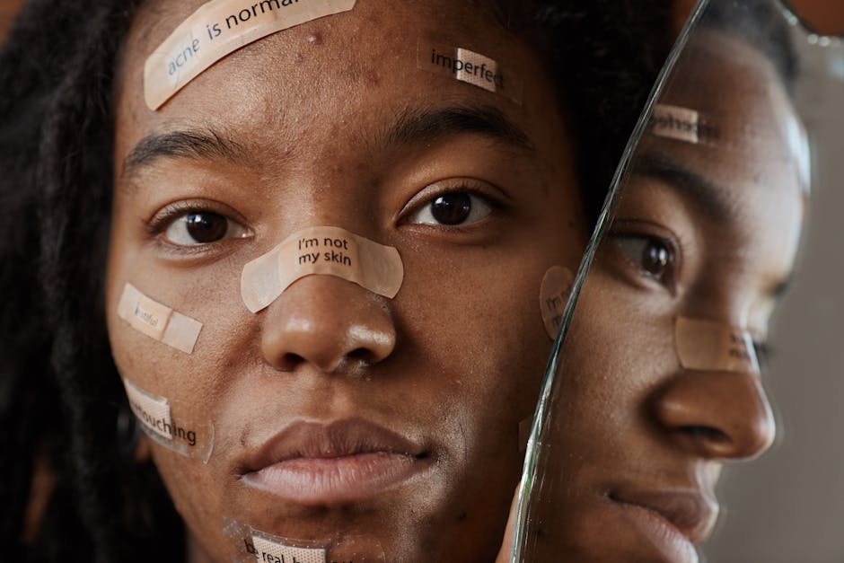 A close-up portrait of a young woman embracing acne with empowering messages.